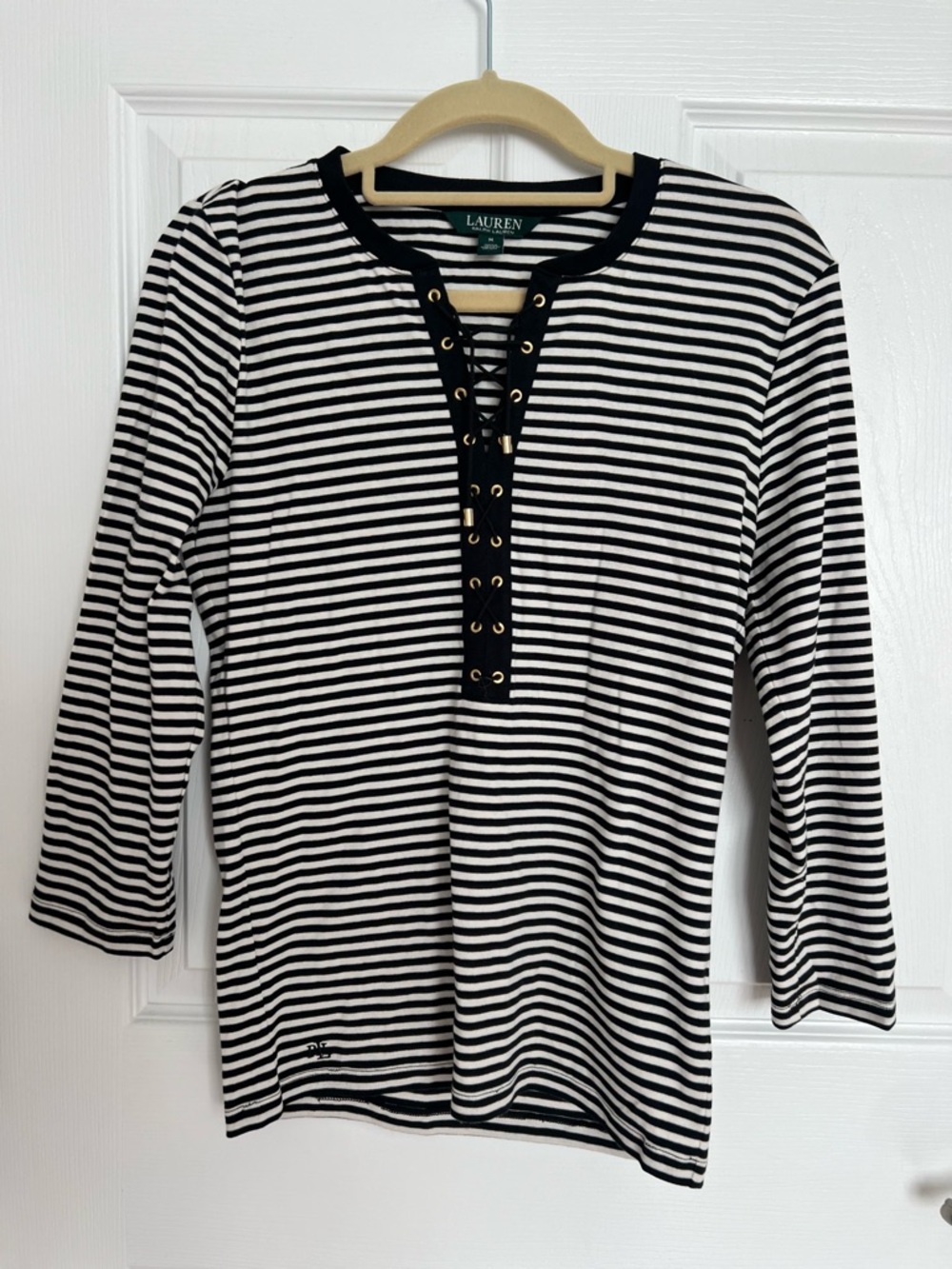 Ralph Lauren Black & White Striped Lace-Up Long Sleeve Tee